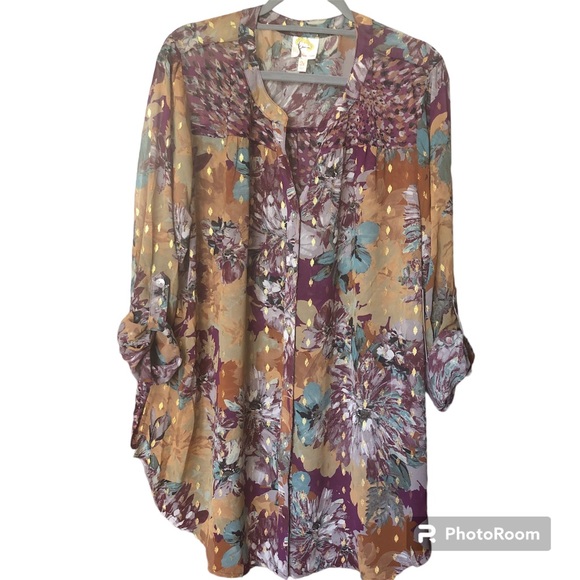 Anthropologie Fig & Flower Mixed Media Floral Button Front Semi Sheer Boho Plus - Picture 3 of 16